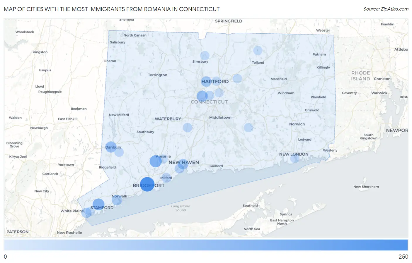 Cities with the Most Immigrants from Romania in Connecticut Map