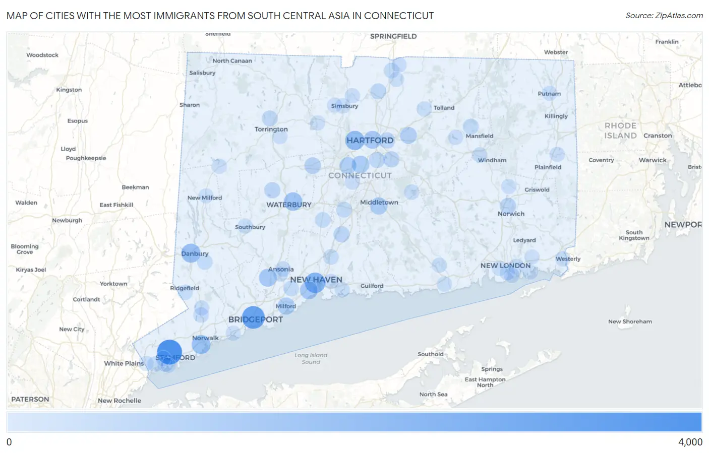 Cities with the Most Immigrants from South Central Asia in Connecticut Map