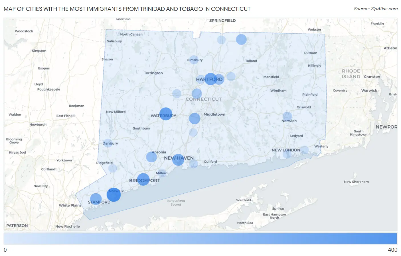 Cities with the Most Immigrants from Trinidad and Tobago in Connecticut Map