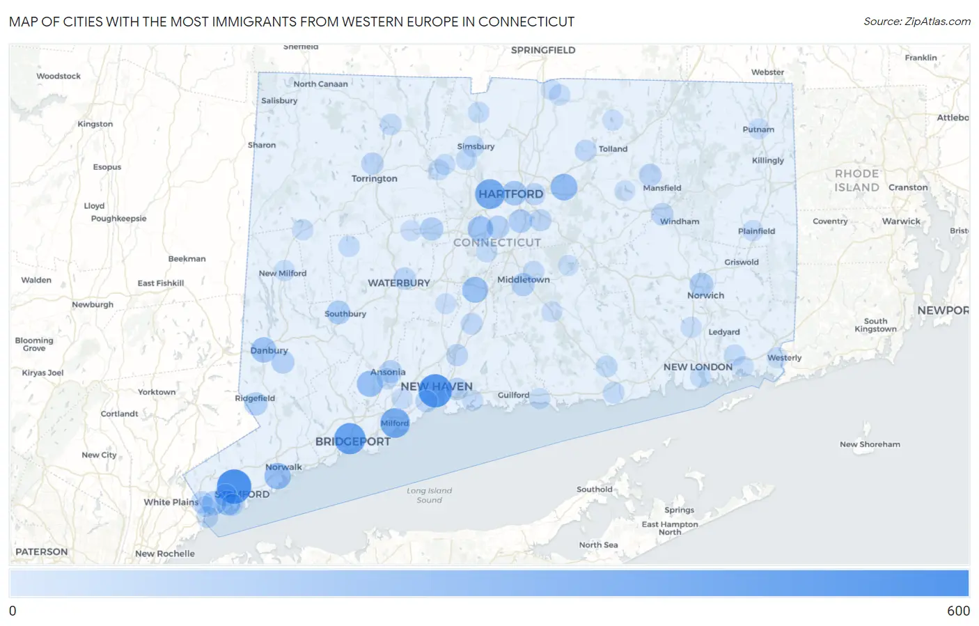 Cities with the Most Immigrants from Western Europe in Connecticut Map