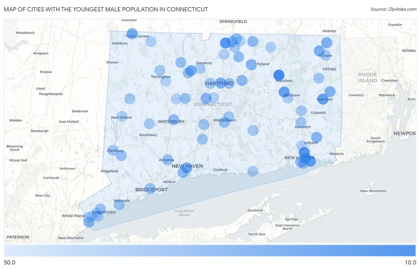 Cities with the Youngest Male Population in Connecticut Map