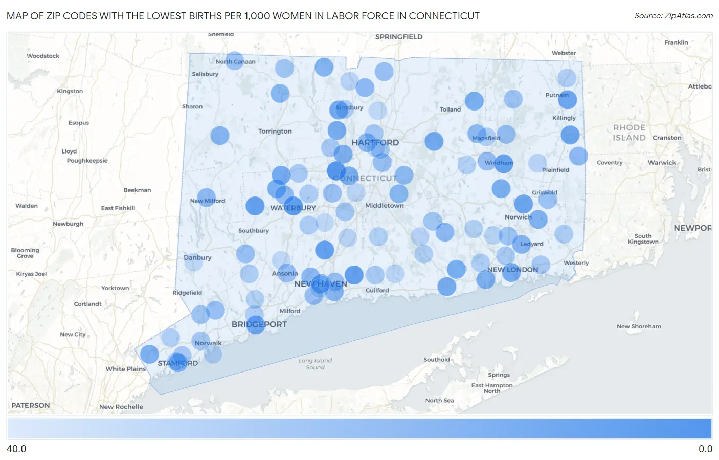 Zip Codes with the Lowest Births per 1,000 Women in Labor Force in Connecticut Map