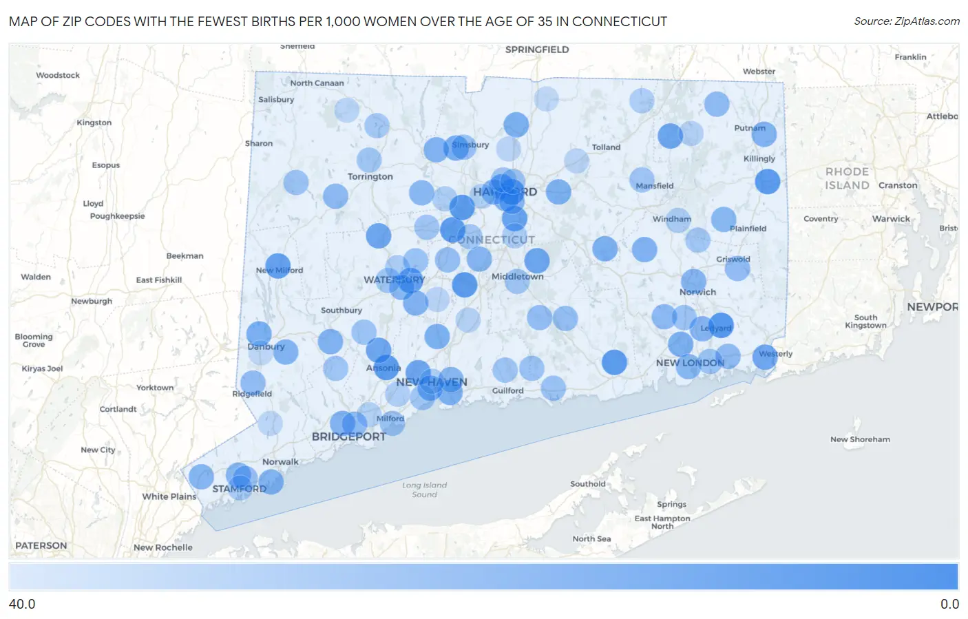 Zip Codes with the Fewest Births per 1,000 Women Over the Age of 35 in Connecticut Map