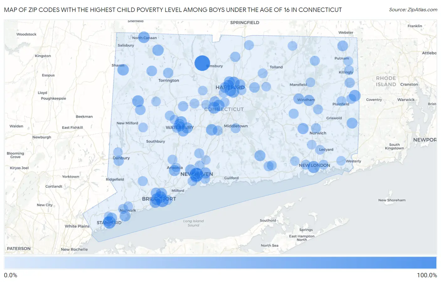 Zip Codes with the Highest Child Poverty Level Among Boys Under the Age of 16 in Connecticut Map