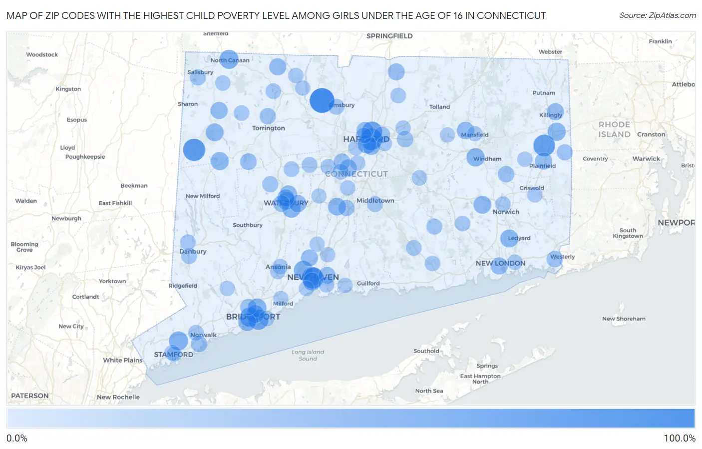Zip Codes with the Highest Child Poverty Level Among Girls Under the Age of 16 in Connecticut Map