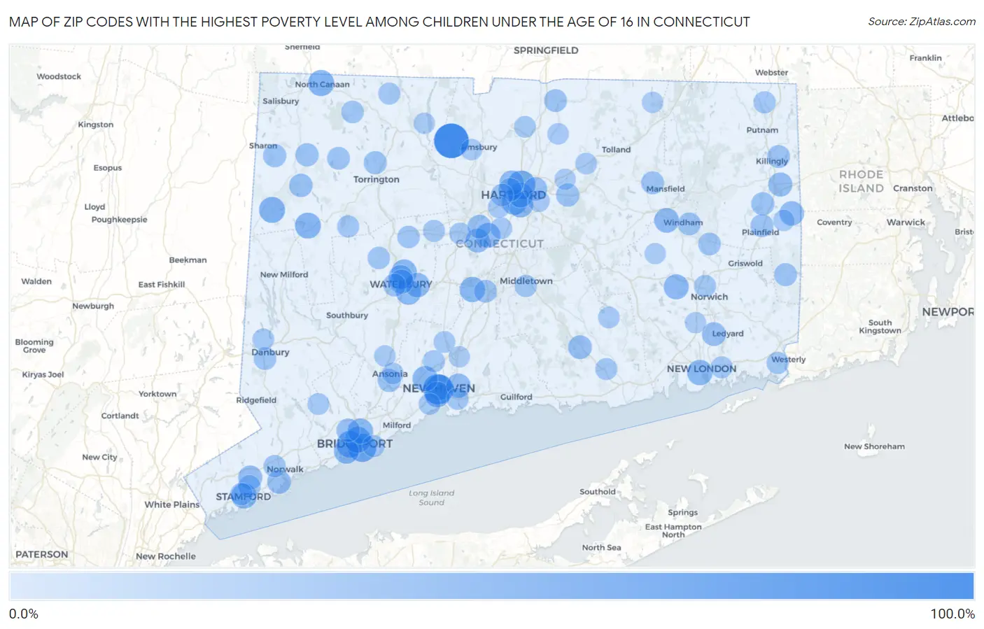 Zip Codes with the Highest Poverty Level Among Children Under the Age of 16 in Connecticut Map