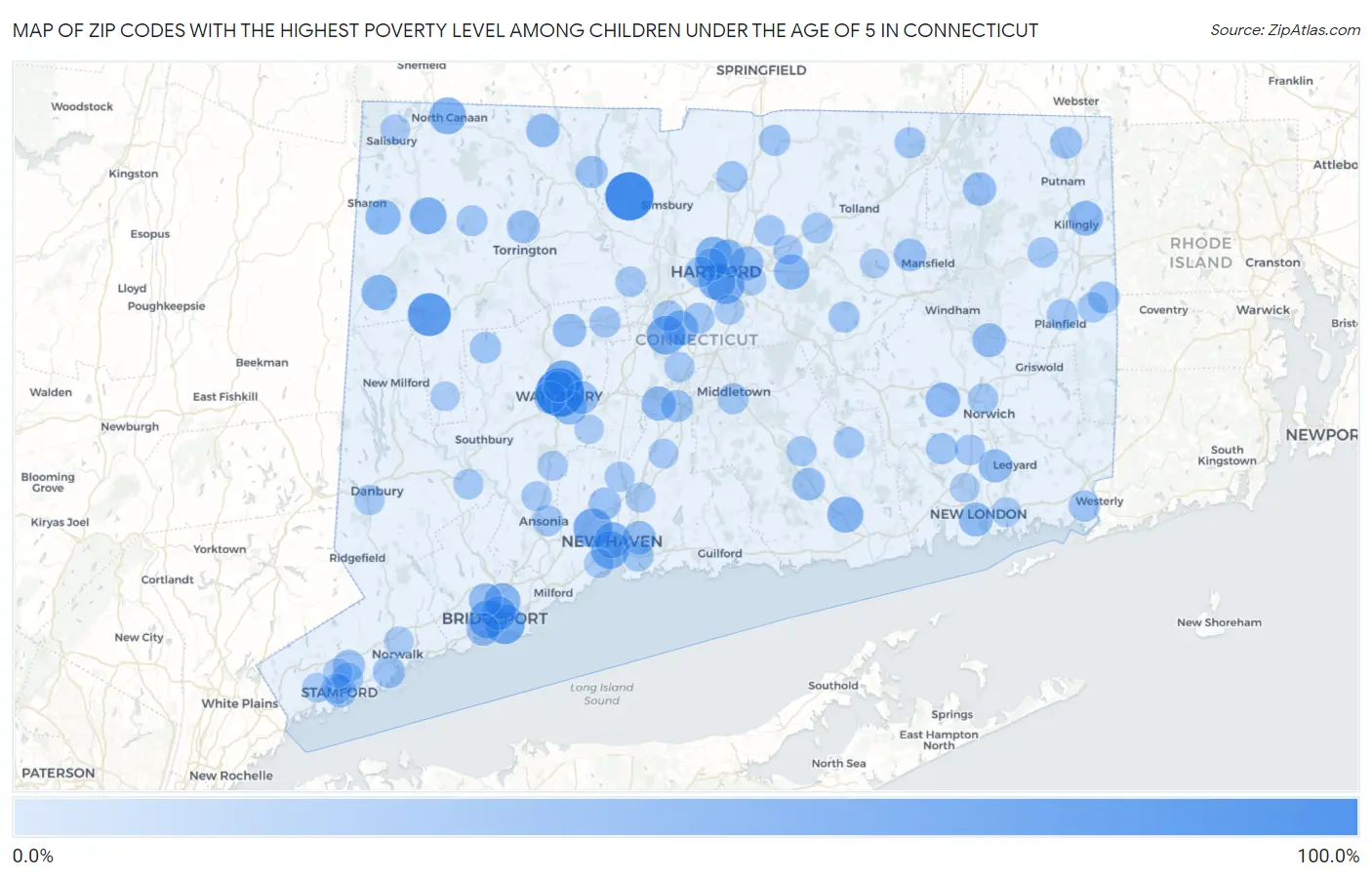 Zip Codes with the Highest Poverty Level Among Children Under the Age of 5 in Connecticut Map