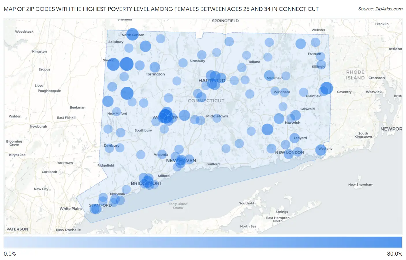 Zip Codes with the Highest Poverty Level Among Females Between Ages 25 and 34 in Connecticut Map