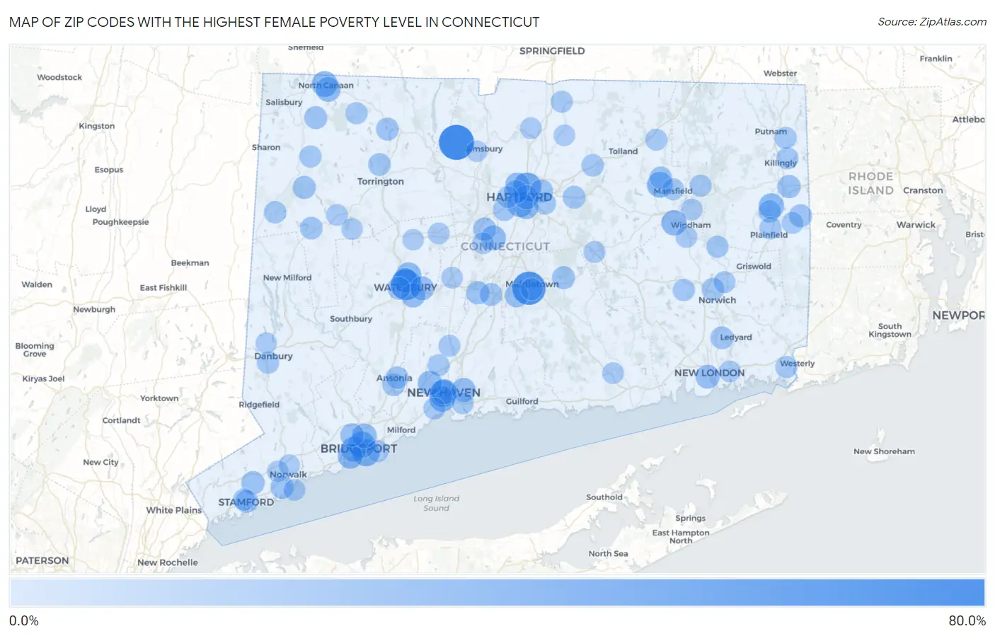 Zip Codes with the Highest Female Poverty Level in Connecticut Map
