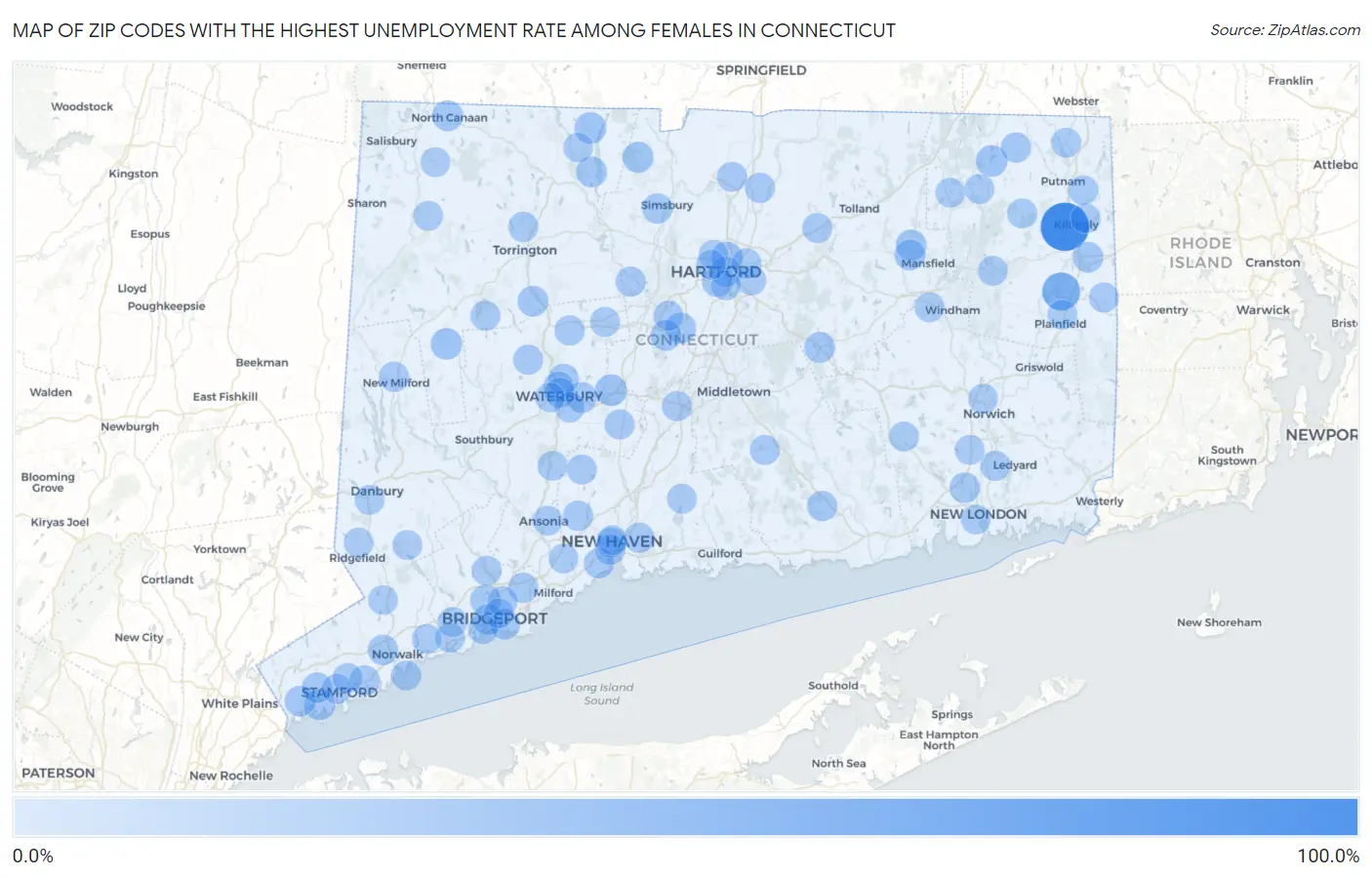 Zip Codes with the Highest Unemployment Rate Among Females in Connecticut Map