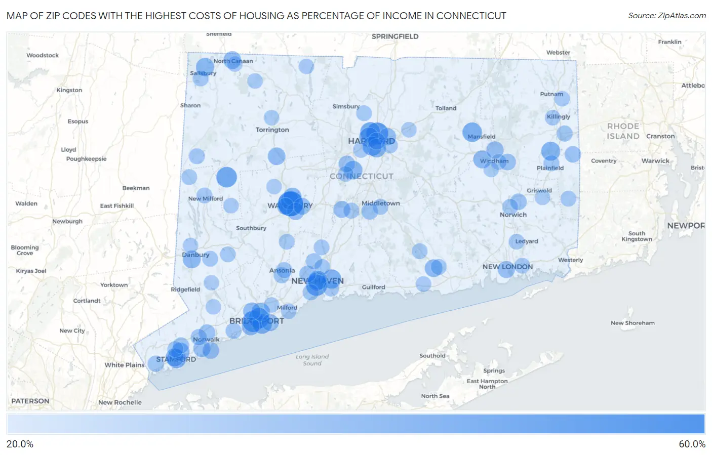 Zip Codes with the Highest Costs of Housing as Percentage of Income in Connecticut Map