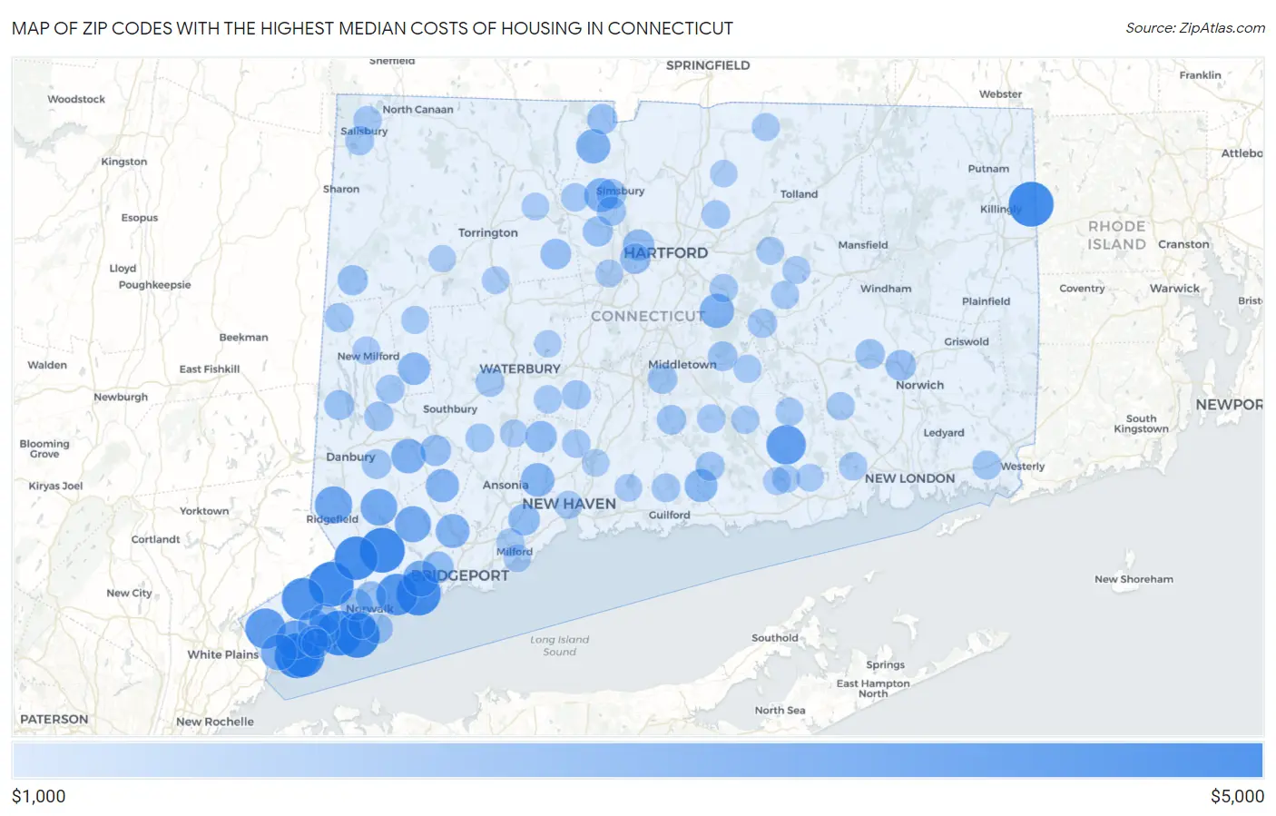 Zip Codes with the Highest Median Costs of Housing in Connecticut Map
