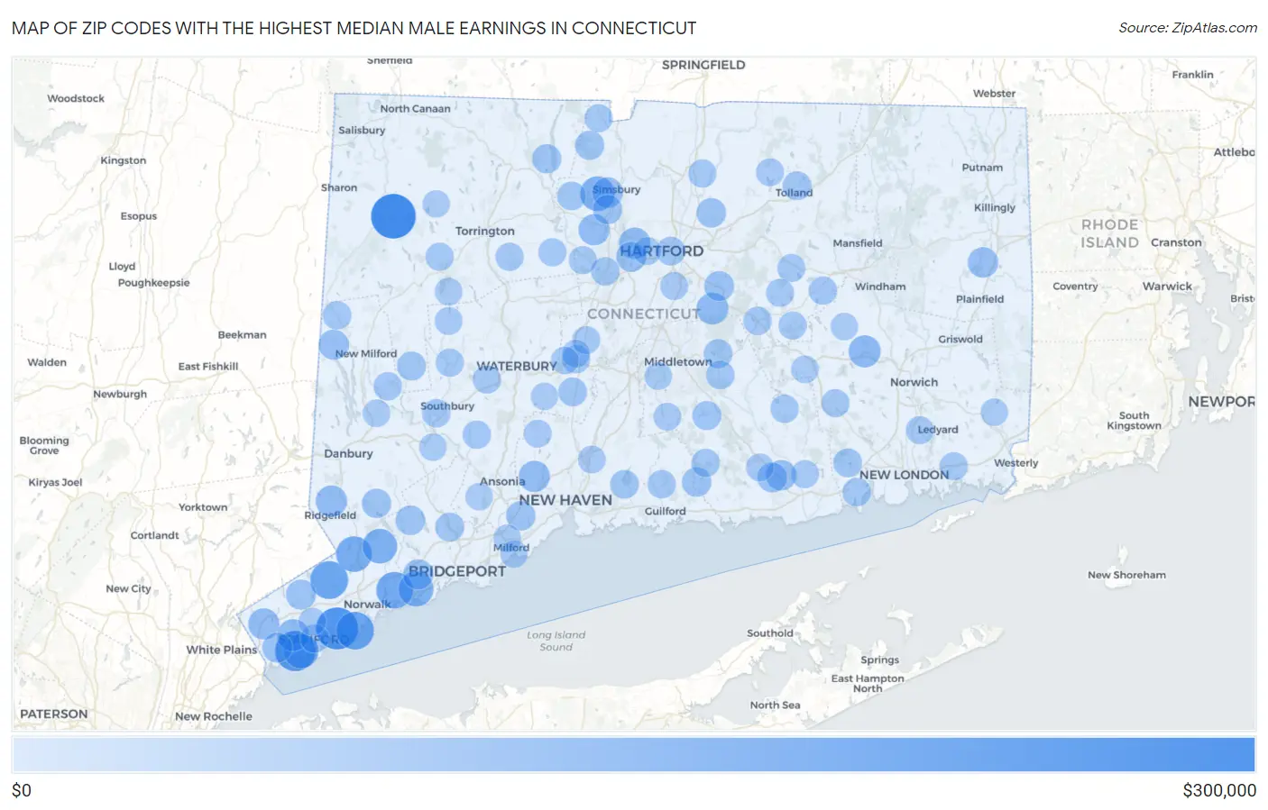 Zip Codes with the Highest Median Male Earnings in Connecticut Map