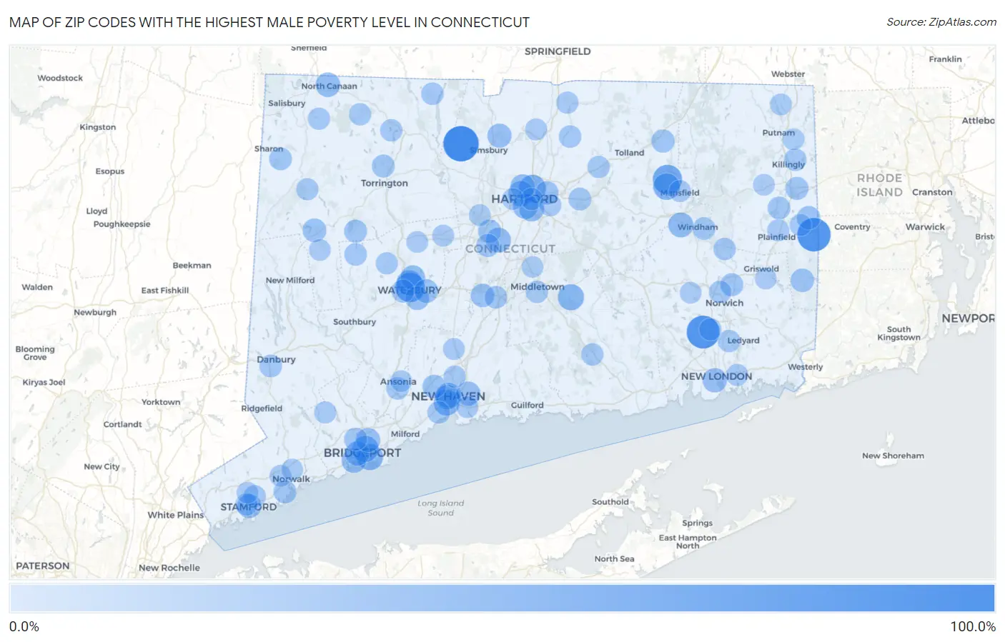 Zip Codes with the Highest Male Poverty Level in Connecticut Map