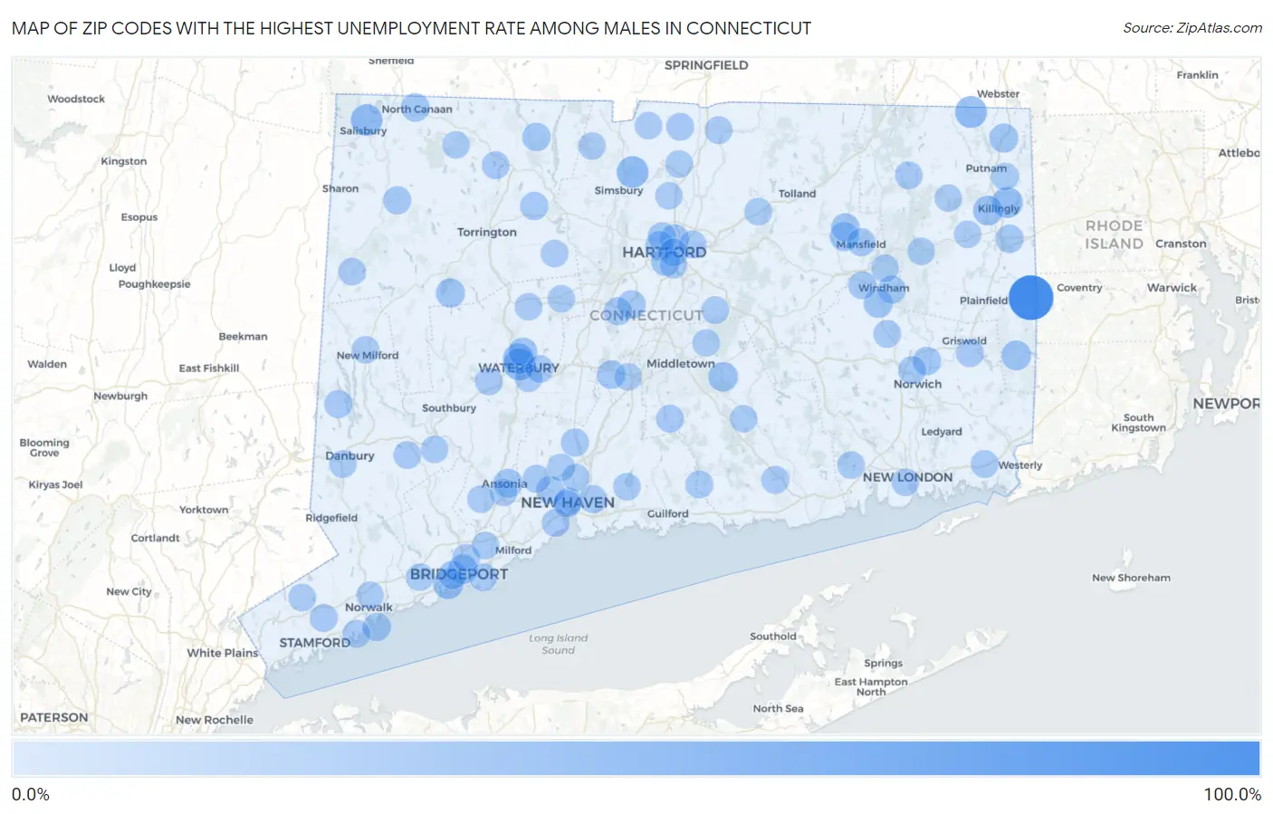 Zip Codes with the Highest Unemployment Rate Among Males in Connecticut Map
