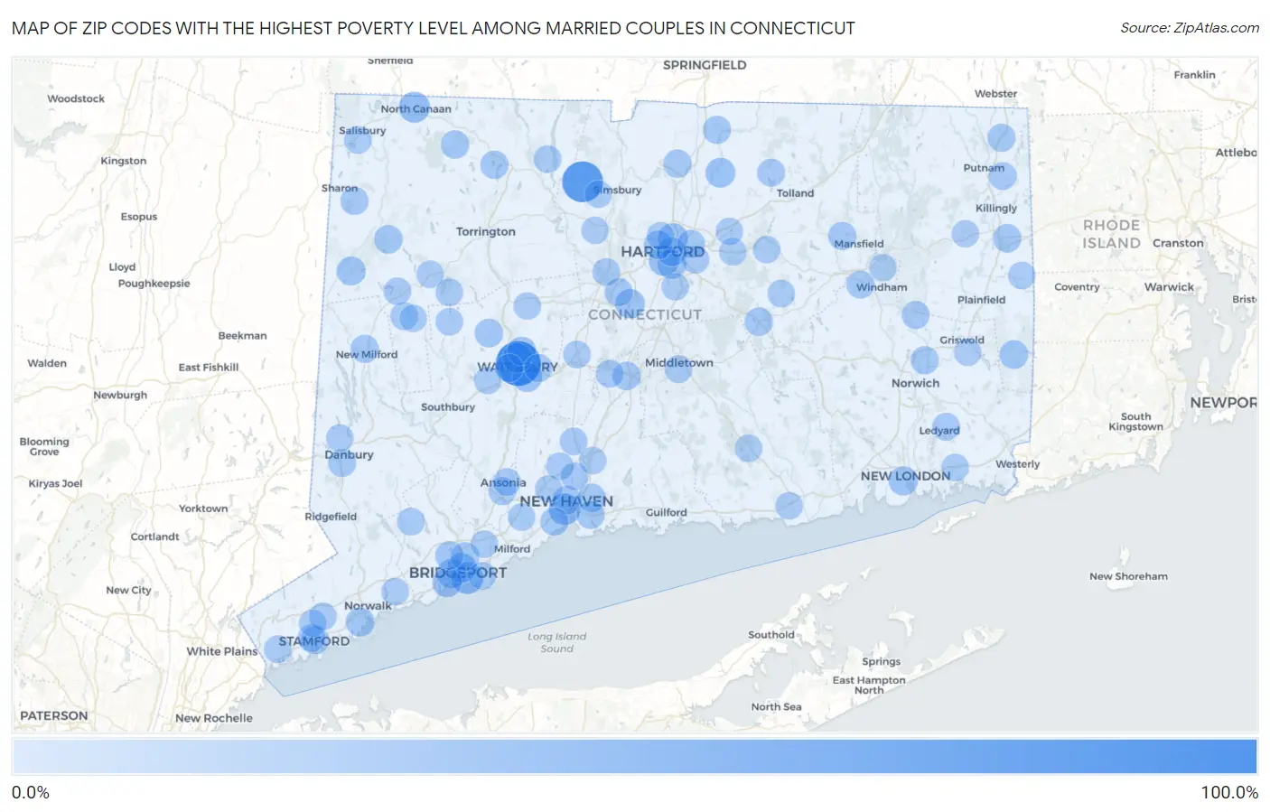 Zip Codes with the Highest Poverty Level Among Married Couples in Connecticut Map
