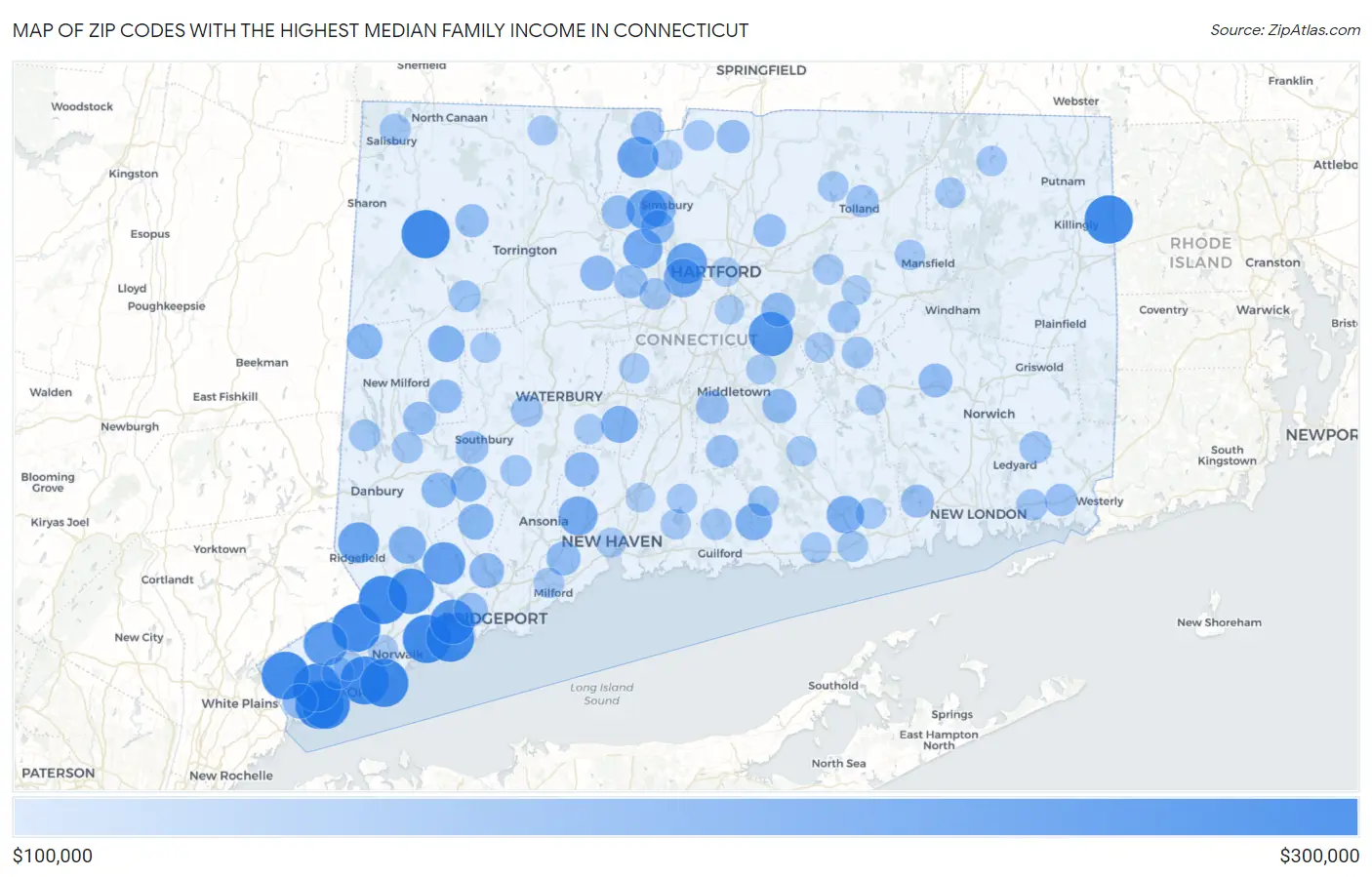 Zip Codes with the Highest Median Family Income in Connecticut Map