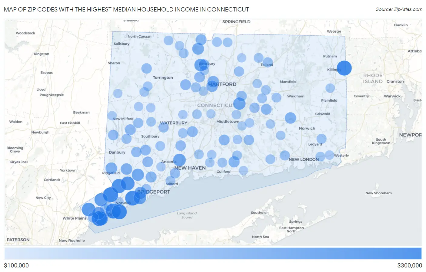 Zip Codes with the Highest Median Household Income in Connecticut Map