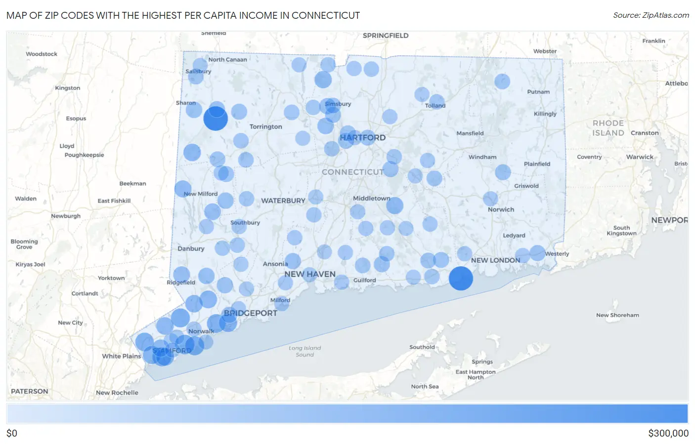 Zip Codes with the Highest Per Capita Income in Connecticut Map