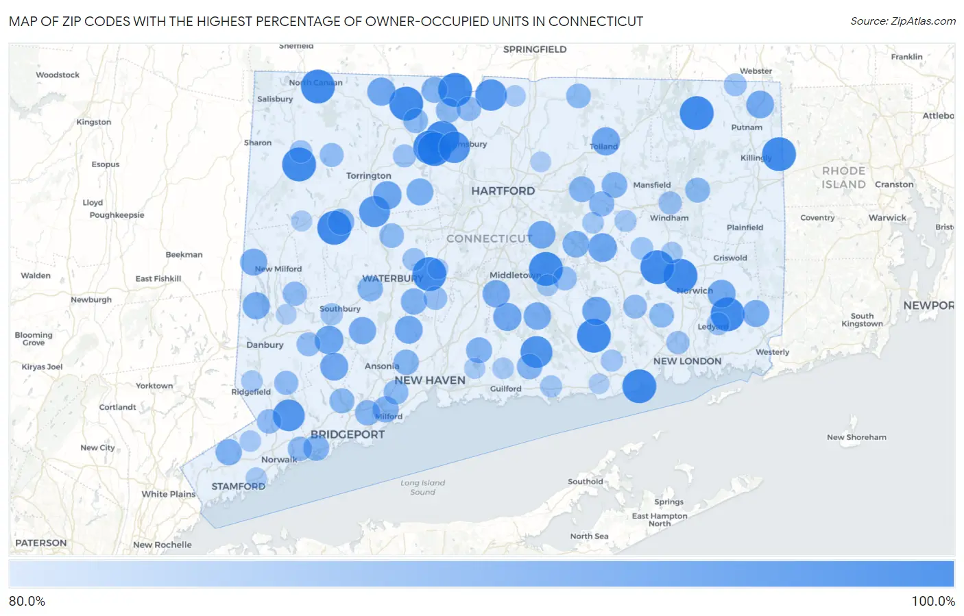Zip Codes with the Highest Percentage of Owner-Occupied Units in Connecticut Map