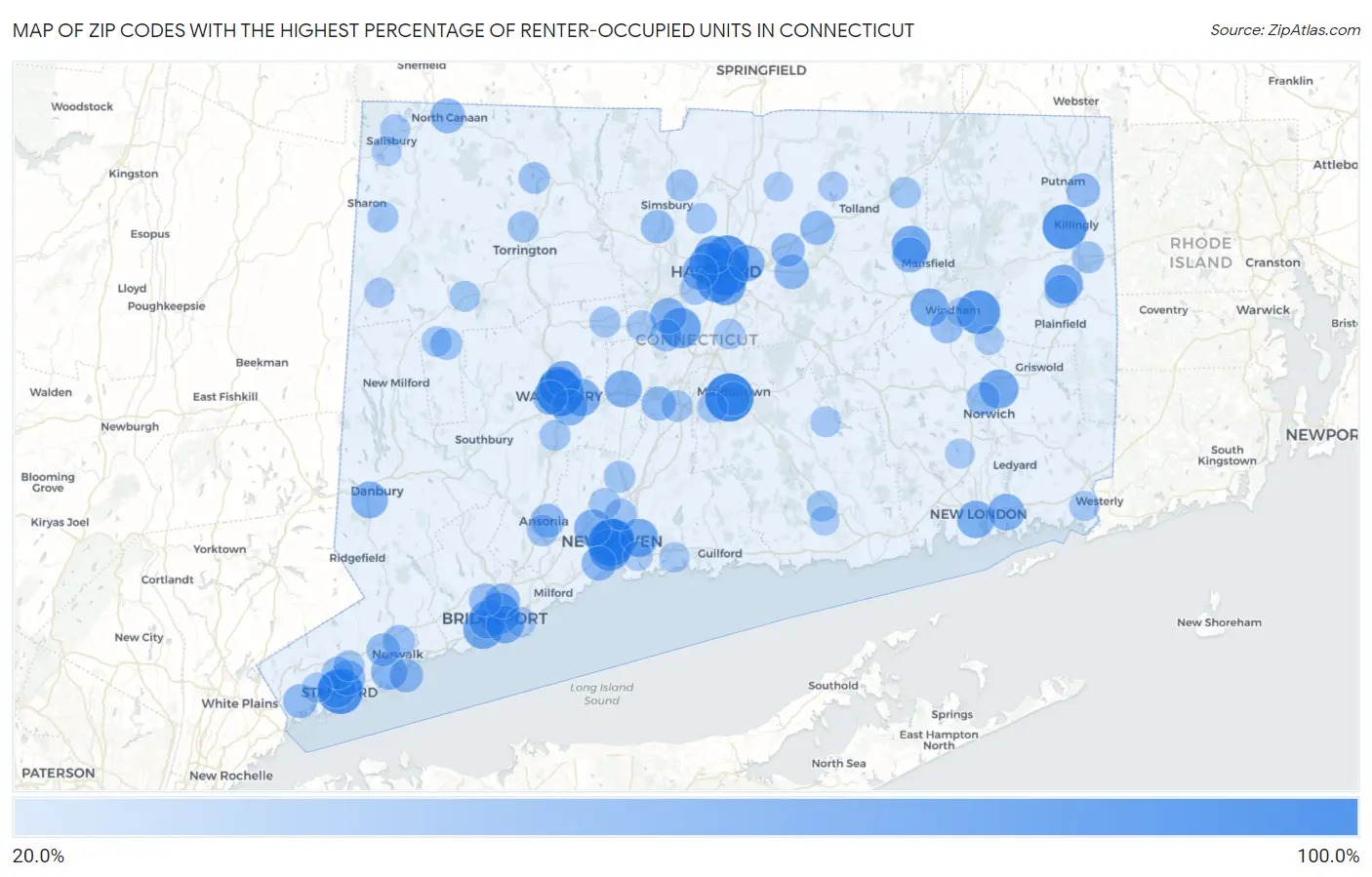 Zip Codes with the Highest Percentage of Renter-Occupied Units in Connecticut Map