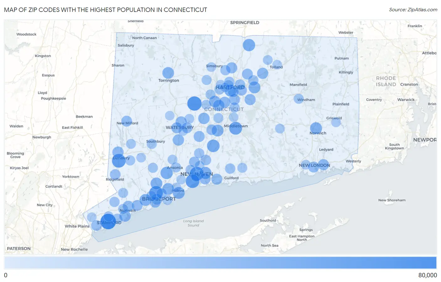 Zip Codes with the Highest Population in Connecticut Map