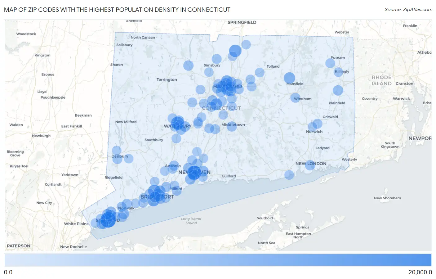 Zip Codes with the Highest Population Density in Connecticut Map