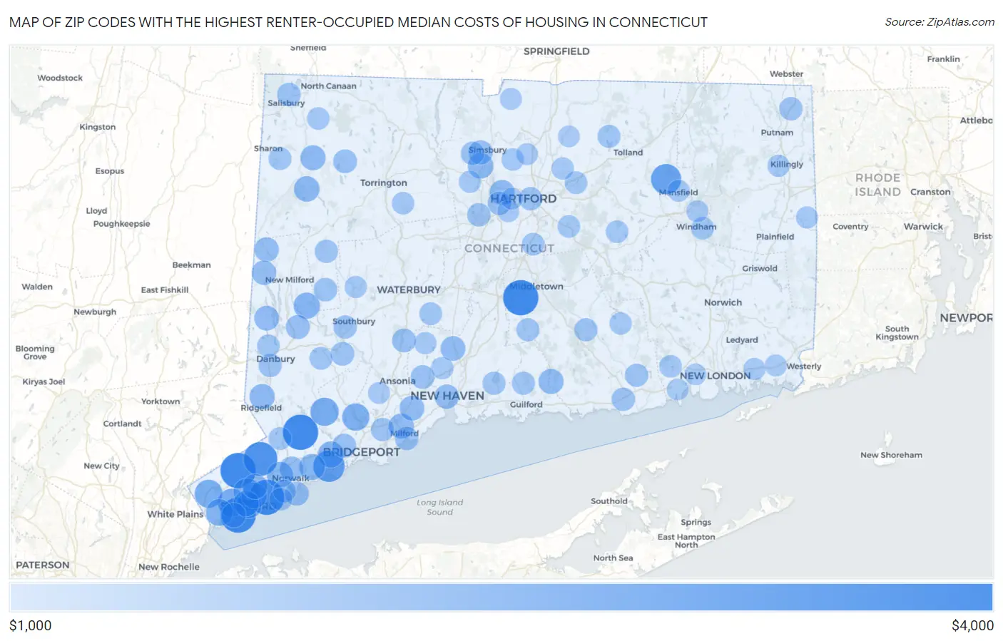 Zip Codes with the Highest Renter-Occupied Median Costs of Housing in Connecticut Map