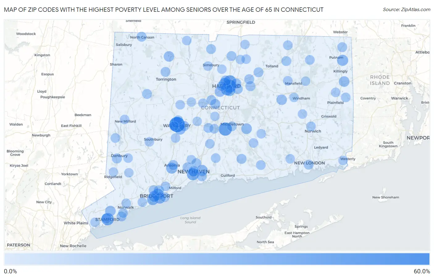 Zip Codes with the Highest Poverty Level Among Seniors Over the Age of 65 in Connecticut Map