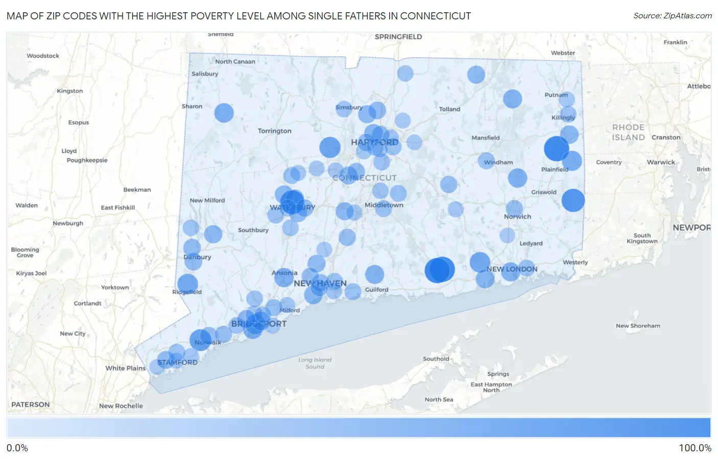 Zip Codes with the Highest Poverty Level Among Single Fathers in Connecticut Map