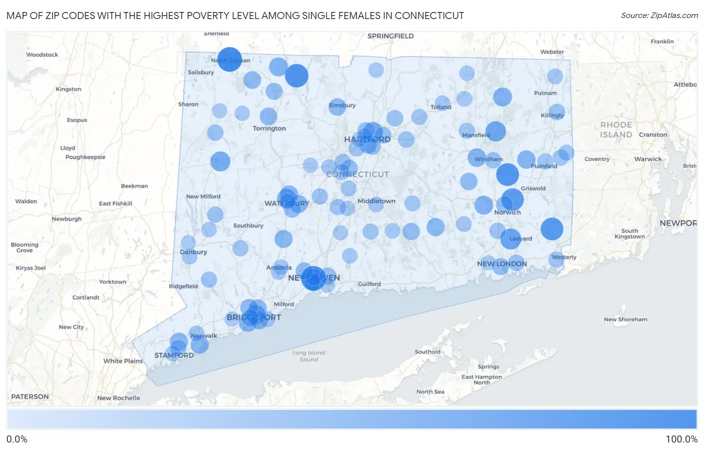 Zip Codes with the Highest Poverty Level Among Single Females in Connecticut Map