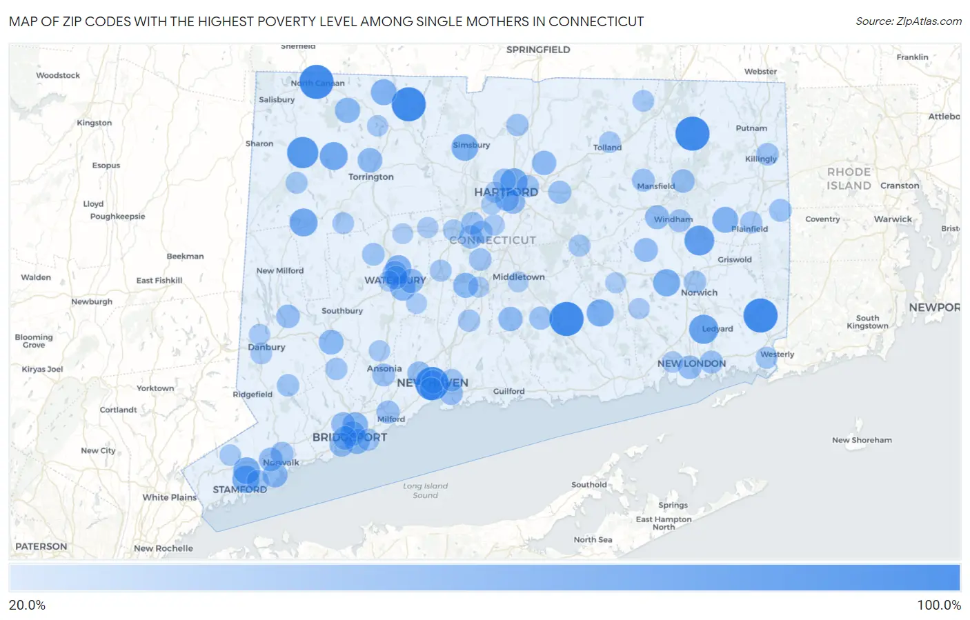 Zip Codes with the Highest Poverty Level Among Single Mothers in Connecticut Map