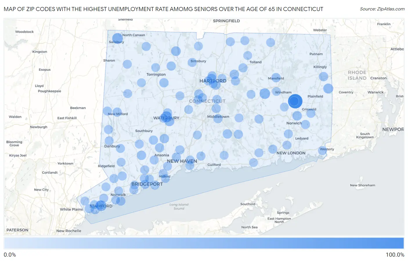Zip Codes with the Highest Unemployment Rate Amomg Seniors Over the Age of 65 in Connecticut Map