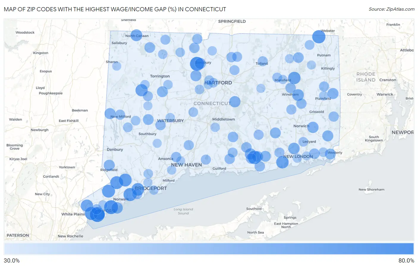 Zip Codes with the Highest Wage/Income Gap (%) in Connecticut Map