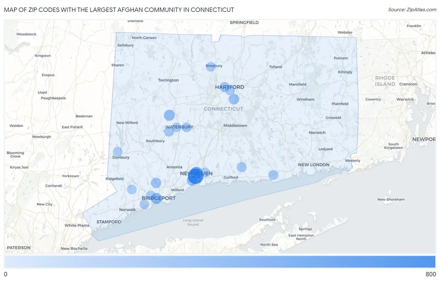 Zip Codes with the Largest Afghan Community in Connecticut Map