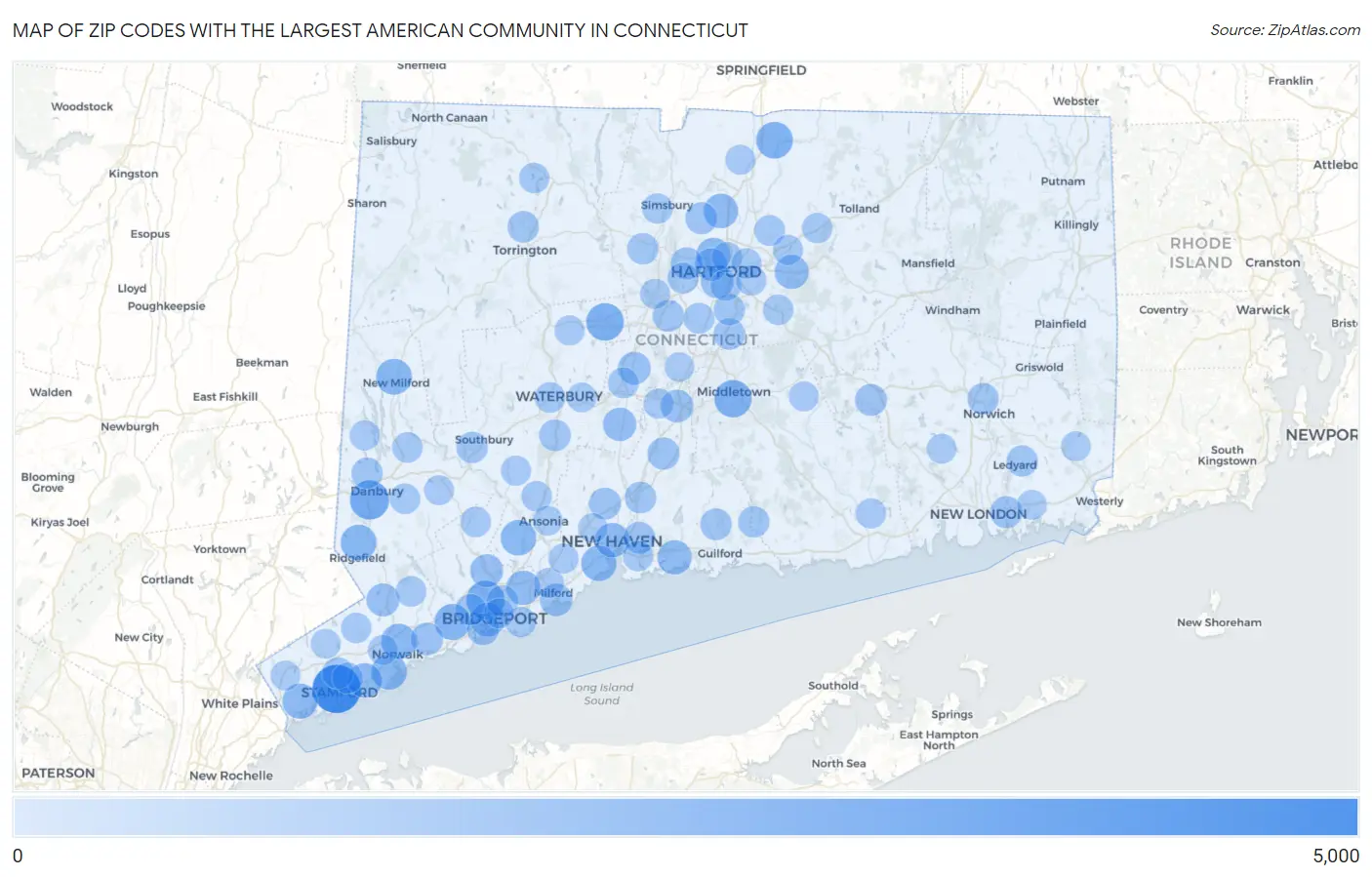 Zip Codes with the Largest American Community in Connecticut Map