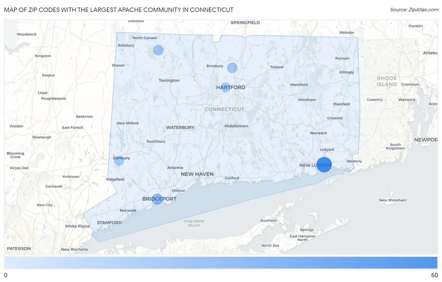 Zip Codes with the Largest Apache Community in Connecticut Map