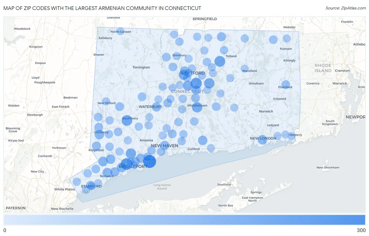 Zip Codes with the Largest Armenian Community in Connecticut Map