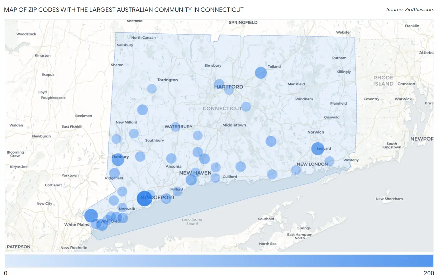 Zip Codes with the Largest Australian Community in Connecticut Map
