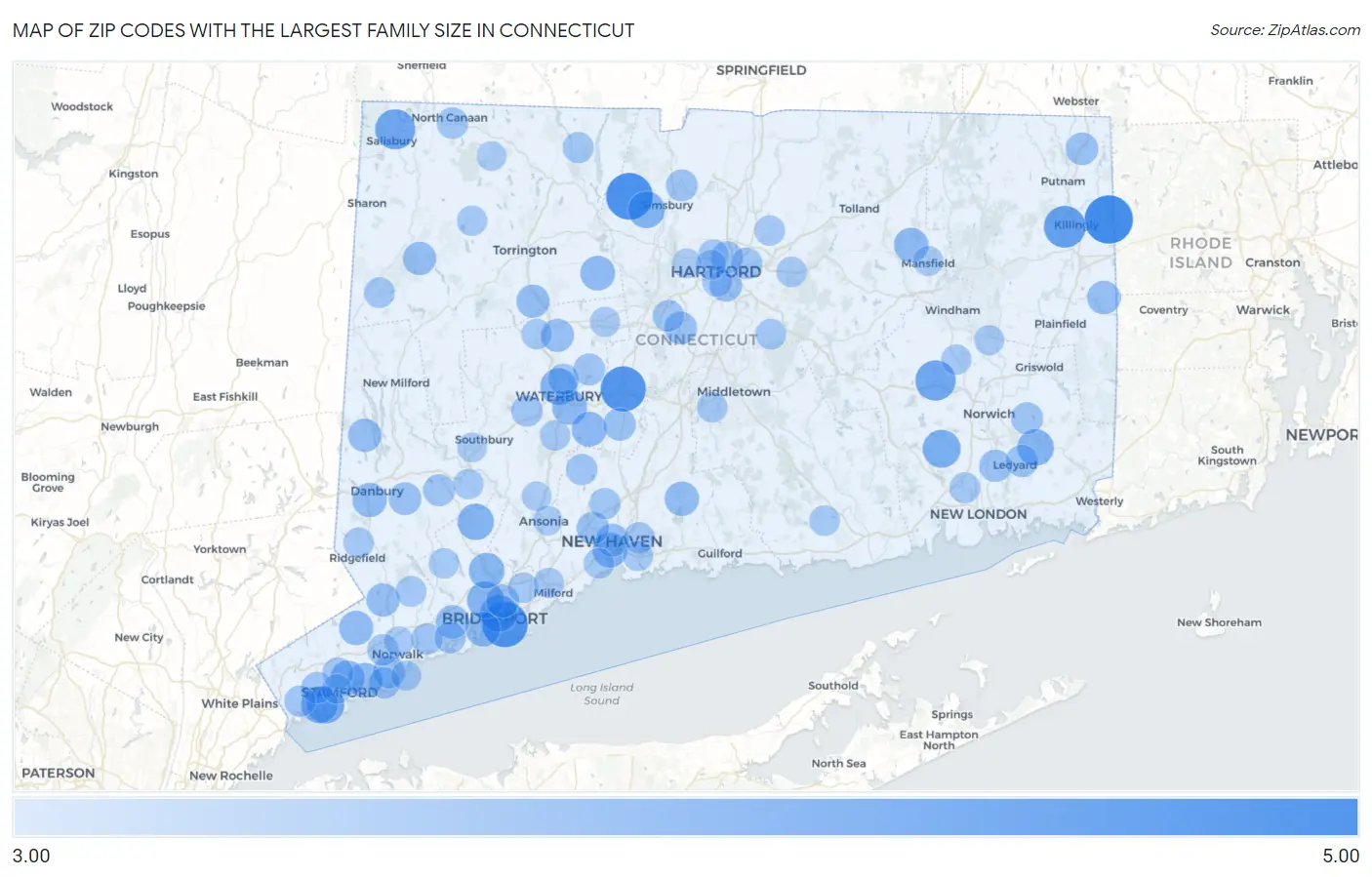 Zip Codes with the Largest Family Size in Connecticut Map