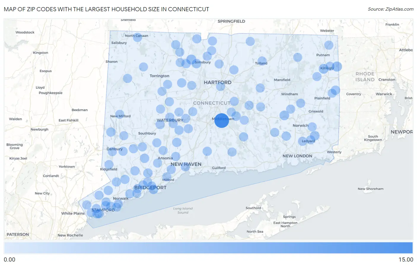 Zip Codes with the Largest Household Size in Connecticut Map