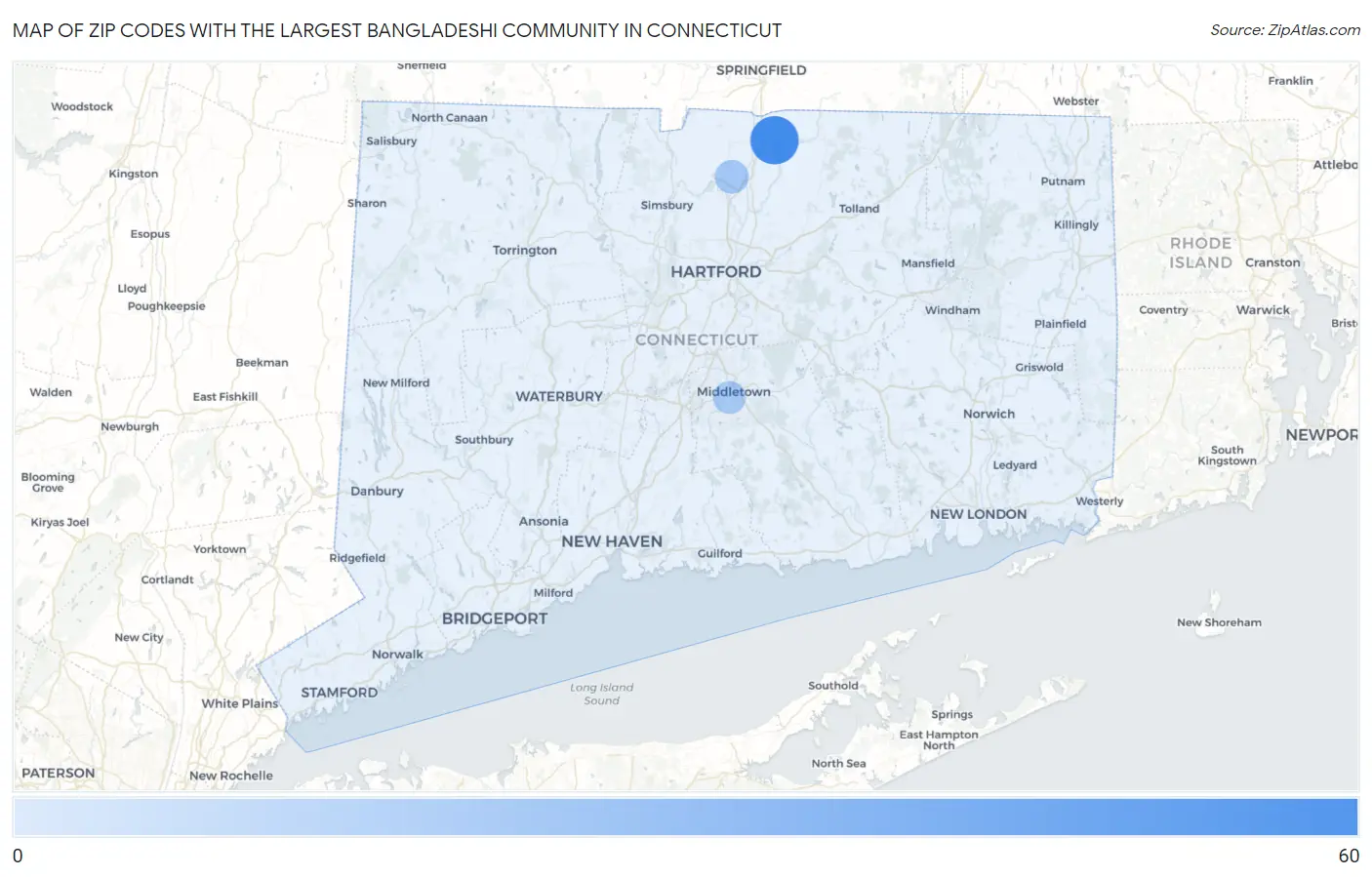 Zip Codes with the Largest Bangladeshi Community in Connecticut Map