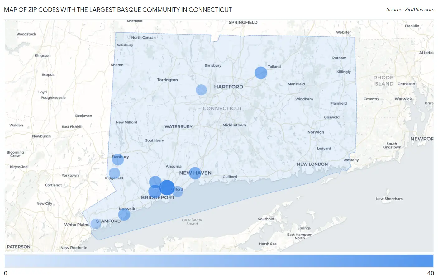 Zip Codes with the Largest Basque Community in Connecticut Map