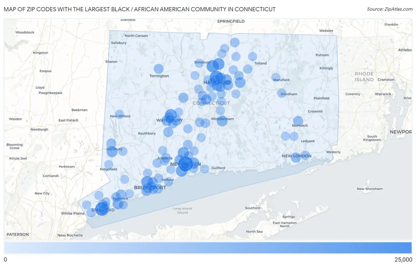 Zip Codes with the Largest Black / African American Community in Connecticut Map