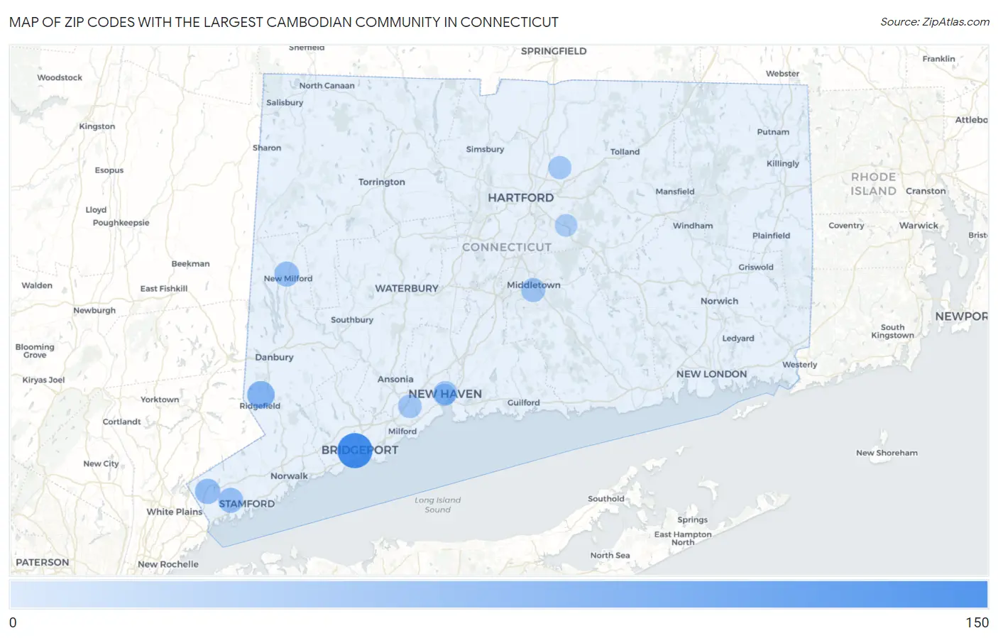 Zip Codes with the Largest Cambodian Community in Connecticut Map