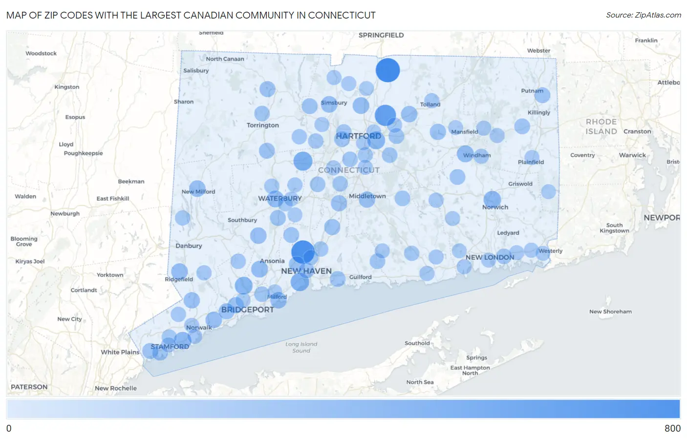 Zip Codes with the Largest Canadian Community in Connecticut Map