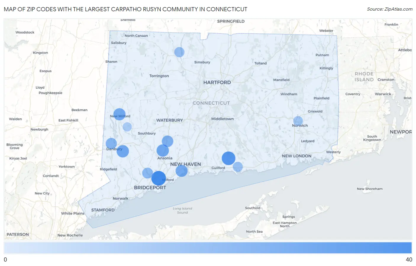 Zip Codes with the Largest Carpatho Rusyn Community in Connecticut Map