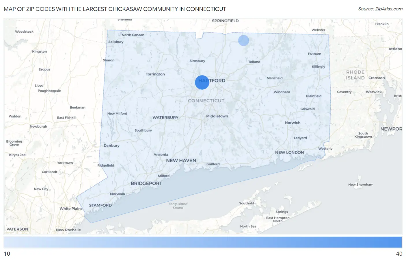 Zip Codes with the Largest Chickasaw Community in Connecticut Map