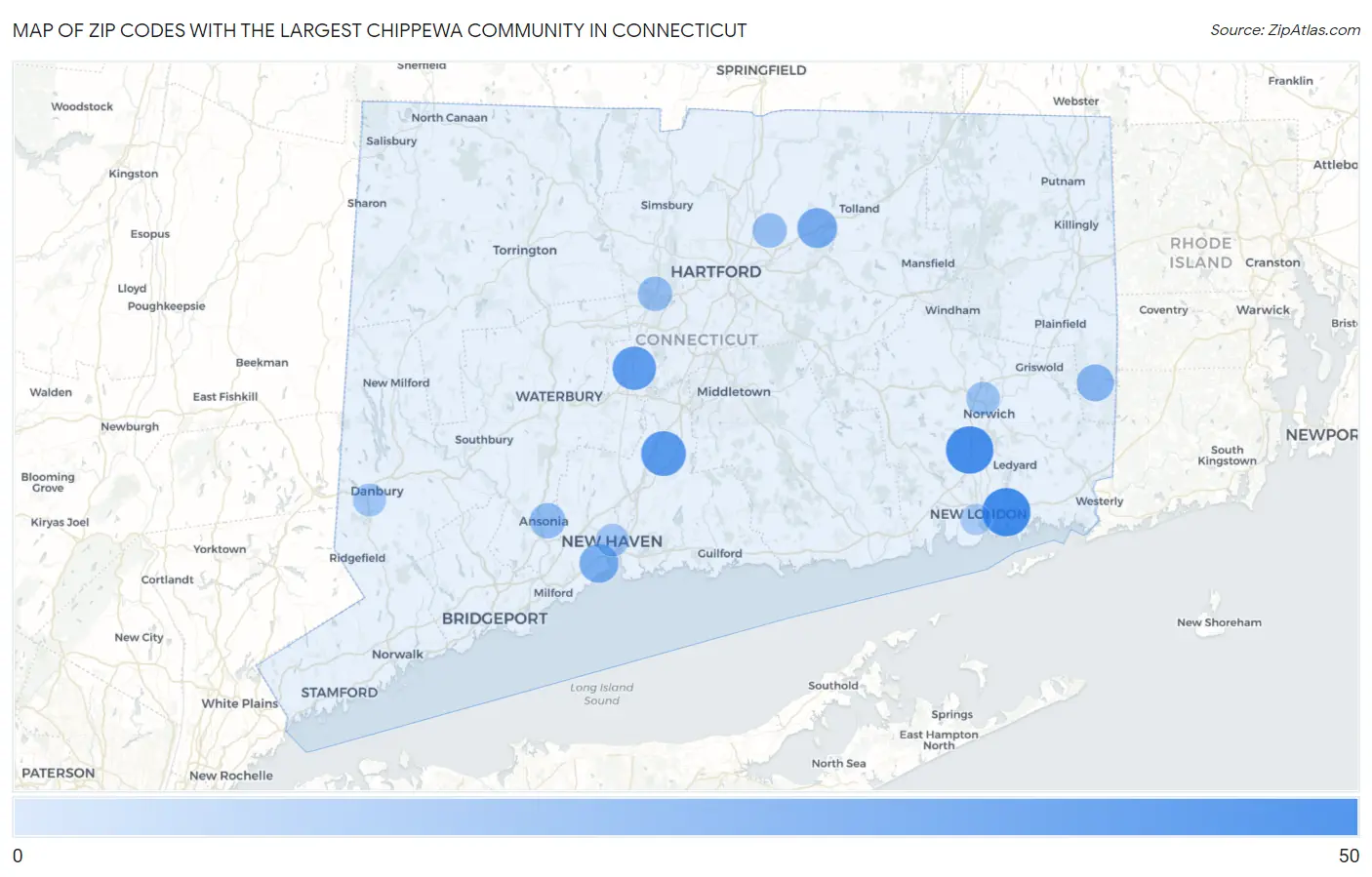 Zip Codes with the Largest Chippewa Community in Connecticut Map