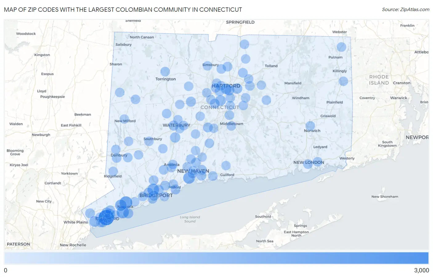 Zip Codes with the Largest Colombian Community in Connecticut Map
